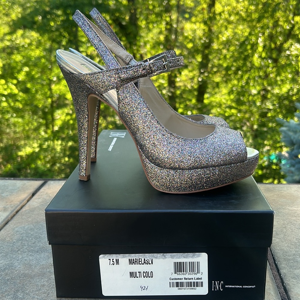 INC Mariela Multi-Colored Sparkle Heels Glitter Sz 7.5 Platform Peep Toe - Picture 3 of 17